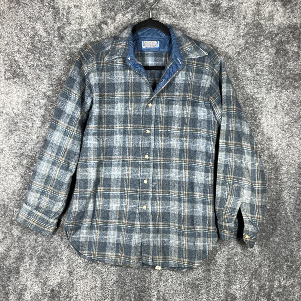 Vintage Pendleton Shirt Mens Medium Blue Plaid Wool Flannel Lined USA Button Up